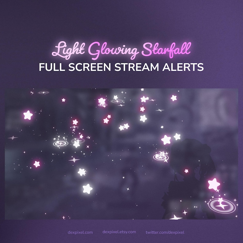 May include: A digital graphic with a purple background featuring glowing white and pink stars. The text "Light Glowing Starfall" and "FULL SCREEN STREAM ALERTS" is displayed in pink and white. The image also includes website addresses.