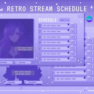 Purple Pastel Retro Stream Schedule | Vtuber Schedule | Simple Weekly Schedule For Streamers | Cute Color | Canva Template  PSD included