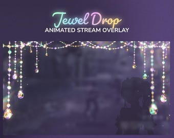 May include: An animated stream overlay with a dark purple background. The text "Jewel Drop" is in a gradient of colors. Strings of jewels hang from the top, with a silhouette of a character in the background. Website addresses are at the bottom.
