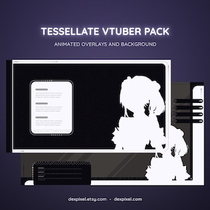 May include: A digital design for a VTuber pack with animated overlays and background. The design features a white silhouette of a character, a black background with white geometric patterns, and the text "TESSELLATE VTUBER PACK". The website address is visible at the bottom.