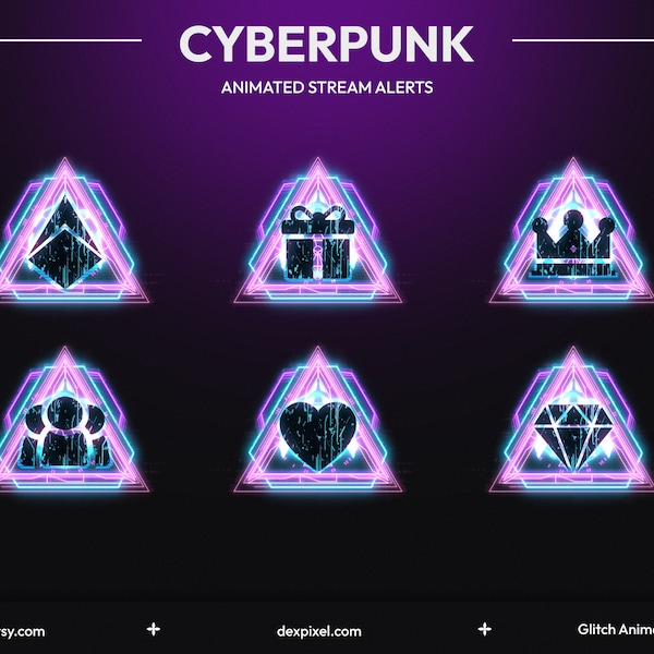 Cyberpunk Purple Animated Twitch Stream Alerts | Sci Fi Alerts for Twitch Events | Animated Neon Glitch Alerts | Twitch Alerts Pack