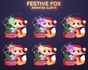 Könnte beinhalten: Animierte Stream-Benachrichtigungen mit einem festlichen Fuchs, der einen Weihnachtsmann-Hut und einen Schal trägt und einen Sack mit Geschenken und einem Weihnachtsbaum hält. Die Benachrichtigungen beinhalten verschiedene Ereignisse wie neue Spenden, Abonnenten, Jubel, Raids und neue Follower. Der Text "FESTIVE FOX ANIMATED ALERTS" befindet sich oben im Bild. Der Text "x12 animated stream alerts with 6 sound variations dexpixel.etsy.com - dexpixel.com" befindet sich unten im Bild.