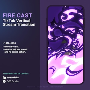 May include: A vertical video transition effect for TikTok, featuring a purple and pink fire design. The transition is available in 1080x1920 resolution and Webm format. It can be used in Streamlabs and OBS Studio.
