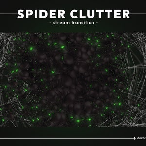 Könnte beinhalten: Eine digitale Illustration eines Spinnennetzes mit vielen schwarzen Spinnen mit leuchtend grünen Augen. Die Spinnen sind in einer dichten Masse zusammengedrängt.