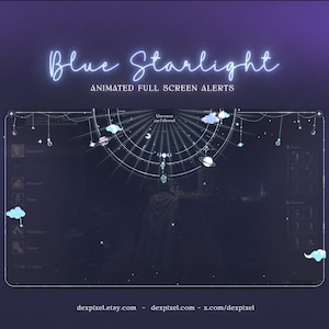 Könnte beinhalten: Animierter blauer und weißer Overlay für Twitch-Streams mit einem himmlischen Thema. Der Overlay zeigt einen zunehmenden Mond, Sterne, Planeten und Wolken. Der Text "Blue Starlight" wird oben im Overlay in Neonblau angezeigt. Der Text "Username just followed" wird oben im Overlay in Weiß angezeigt.