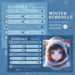 Winter Snowflakes Stream Schedule | Vtuber Schedule | Simple Weekly Schedule For Streamers | Cute Pastel Color Tones | Canva and PSD