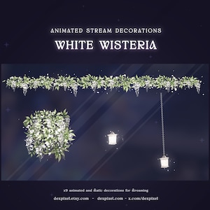 Vit blåregnsblomma med blommor och bäckdekoration | Animerade dekorationer | Söt bäckdekor | Blommig Vtuber-strömtillägg