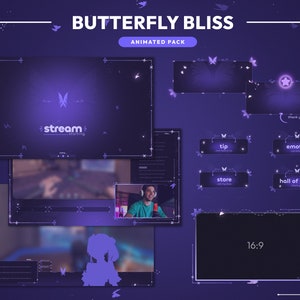 Butterfly Bliss Purple Stream Pack / Escenas animadas de mariposas / Superposición de transmisión de lindas mariposas pastel / Twitch Vtuber Aesthetics Stream