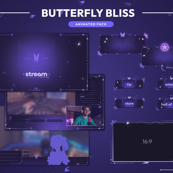 Ensemble de jets violets Butterfly Bliss | Scènes animées de papillons | Superposition de jets de jolis papillons pastel | Diffusion esthétique de Vtuber sur Twitch