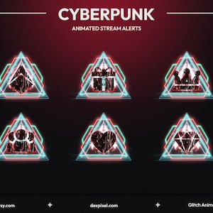 Puede incluir: Seis alertas de transmisión animadas en estilo cyberpunk. Cada alerta es una forma diferente, incluyendo un diamante, un corazón, una caja de regalo, una corona, un grupo de personas y una montaña. Las alertas están sobre un fondo oscuro con luces de neón rojas y azules.