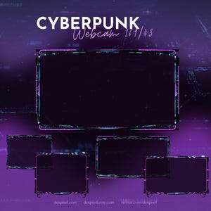 Op de afbeelding: Een cyberpunk-thema webcam overlay met een neon groene en roze rand. De overlay bevat een groot hoofdkader voor de webcam en vier kleinere kaders voor extra content. De tekst "CYBERPUNK Webcam 16:9/4:3" wordt bovenaan de overlay weergegeven.