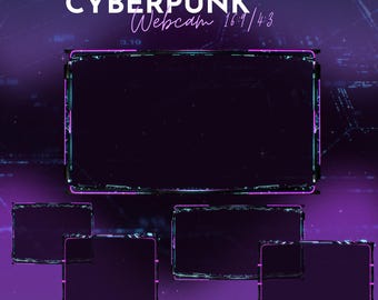 Cámara web animada de transmisión en color morado ciberpunk. Marco de borde de transmisión con fallas. Marco de cámara web de neón animado con superposición de Twitch