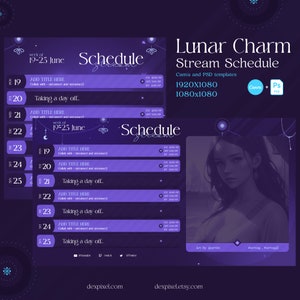 Dark Purple Lunar Charm Stream Schedule | Cute Pastel Vtuber Schedule | Simple Weekly Schedule For Streamers | Canva and PSD included