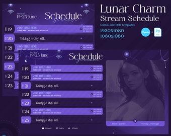 Lunar Charm Stream Schedule | Vtuber Weekly Planner (Canva & PSD)