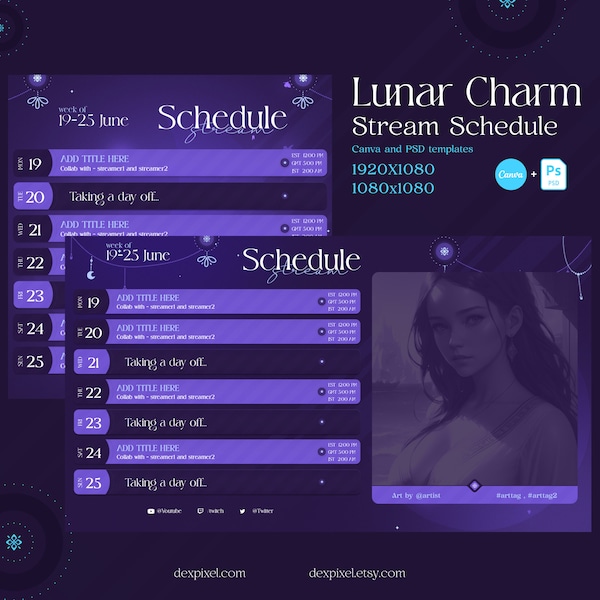 Dark Purple Lunar Charm Stream Zeitplan | Niedlicher Pastell Vtuber Kalender | Einfacher Wochenplan für Luftschlangen | Canva und PSD inklusive