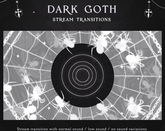 May include: Black and white image of a spider web with a black circle in the center. The circle has concentric circles inside. The text "DARK GOTH STREAM TRANSITIONS" is at the top of the image. The text "Stream transition with normal sound / low sound / no sound variations" is at the bottom of the image.