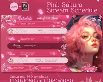 Pink Sakura Stream Schedule Template | Vtuber Weekly Planner (Canva & PSD)