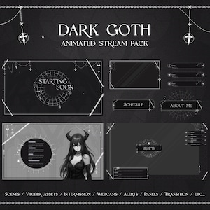 Dark Black&White Goth Animated Stream Pack | Chatting Animated Overlays | Animated Stream Alerts | Gothic Vtuber Aesthetics | Halloween Pack