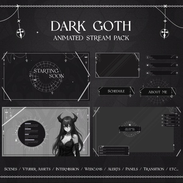 Dark Black&White Goth Animated Stream Pack | Chatting Animated Overlays | Animated Stream Alerts | Gothic Vtuber Aesthetics | Halloween Pack