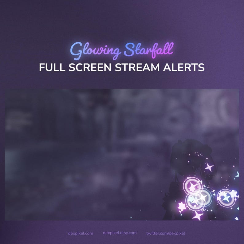 May include: A digital graphic with a purple background and the text "Glowing Starfall FULL SCREEN STREAM ALERTS" in a gradient blue and pink font. The image includes glowing stars and circular designs with stars.