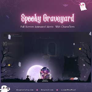 Może przedstawiać: Scenka z nawiedzonego cmentarza z pełnią księżyca, czarnym kotem i duchem. Tekst "Spooky Graveyard" znajduje się w górnej części obrazu. Tekst "Full Screen Animated Alerts With Characters" znajduje się pod tytułem. Tekst "Username just followed" znajduje się w środkowej części obrazu.