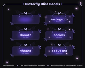 Purple Butterfly Stream Panels | Twitch Info Overlays (PSD & Canva)
