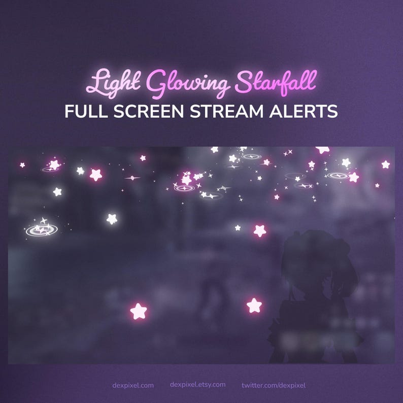 May include: A digital graphic with a dark purple background featuring glowing pink and white stars. The text "Light Glowing Starfall" and "FULL SCREEN STREAM ALERTS" are in pink. Website addresses are at the bottom.