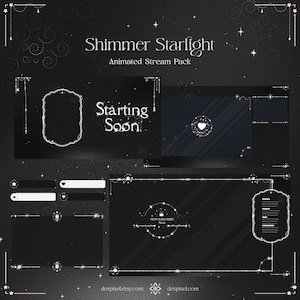Peut inclure: Pack de flux animé avec un fond noir et des accents de paillettes blanches. Le pack comprend un écran de démarrage, une alerte de nouveau abonné et une boîte de chat. Le texte "Shimmer Starlight" est en haut de l'image.