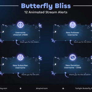 Peut inclure: Un ensemble de 12 alertes de diffusion animées sur le thème du papillon. Les alertes sont pour les nouveaux abonnés, les abonnés, les dons et les encouragements. Les alertes sont dans un schéma de couleurs bleu et violet avec un effet lumineux.