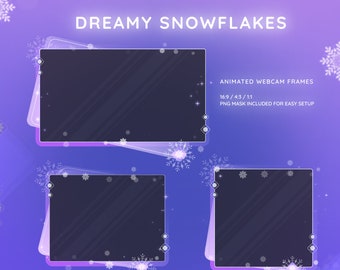 Könnte beinhalten: Drei animierte Webcam-Rahmen mit einem lila und blauen Farbverlaufshintergrund. Die Rahmen sind mit weißen Schneeflocken verziert und haben einen sanften Schein. Der Text "DREAMY SNOWFLAKES" befindet sich oben im Bild. Der Text "ANIMATED WEBCAM FRAMES" befindet sich unter den Rahmen. Der Text "16:9 / 4:3 / 1:1" befindet sich unter dem Text "ANIMATED WEBCAM FRAMES". Der Text "PNG MASK INCLUDED FOR EASY SETUP" befindet sich unter dem Text "16:9 / 4:3 / 1:1". Der Text "dexpixel.com // dexpixel.etsy.com" befindet sich unten im Bild.
