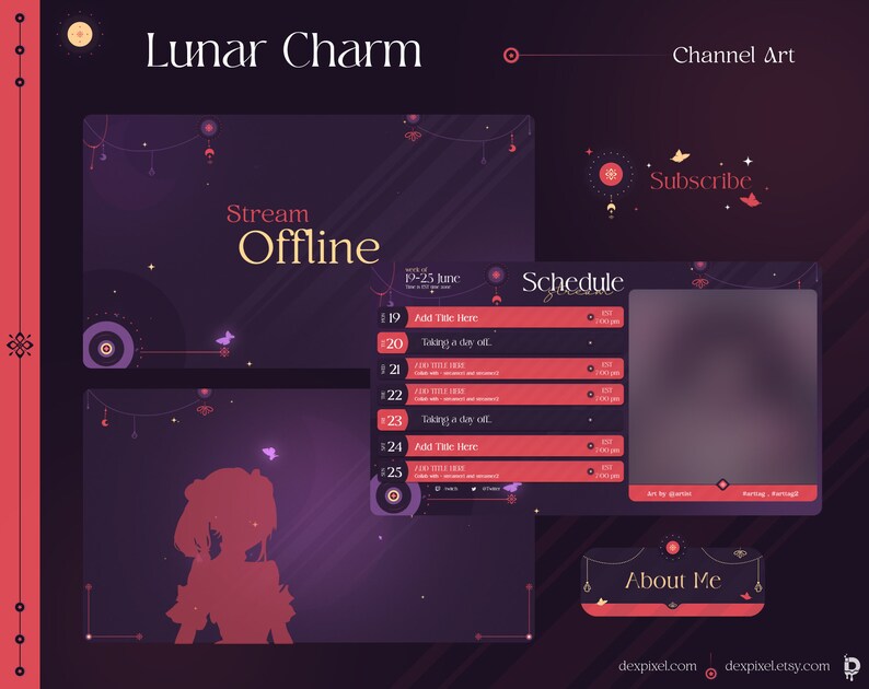 Lunar Charm Animated Vtuber Stream Pack | Purple Red Overlays - Etsy