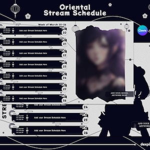 Black Oriental Stream Schedule | Vtuber Schedule | Simple Weekly Schedule For Streamers | Cute Dark Color Tones | Canva Template + PSD