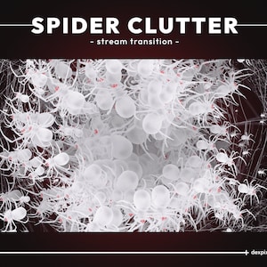 Könnte beinhalten: Eine digitale Illustration eines Spinnennetzes mit vielen weißen Spinnen mit roten Augen. Die Spinnen sind im Zentrum des Netzes zusammengedrängt. Der Hintergrund ist schwarz.