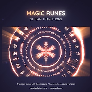 以下が含まれることがあります： 中央に白い雪の結晶のデザインが施された、オレンジと赤の光る円。円は、オレンジと赤の光るルーンの輪で囲まれています。画像の上部には、「MAGIC RUNES」と「STREAM TRANSITIONS」のテキストがあります。