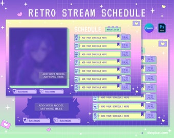 Plantilla de programación de transmisiones retro pastel / Vtuber (Canva + PSD)
