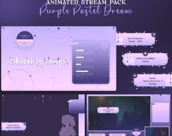 May include: Animated stream pack with a purple and pastel color scheme. The pack includes a starting soon screen, a new follower alert, a donation alert, and a subscriber alert. The text "Starling Soon" is featured on the starting soon screen. The text "New Follower Natali" is featured on the new follower alert. The text "New Donation Natali - $44" is featured on the donation alert. The text "Natali Subscribed For 7 Months" is featured on the subscriber alert.