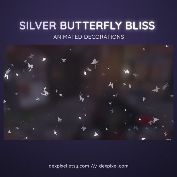 Butterfly Bliss Silver Grey Decoration | 5 Butterflies Stream Decorations | Cute Pastel Animated Stream Decor | Vtuber Stream Decoration
