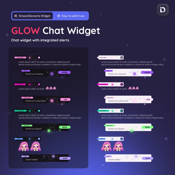 Glow Animated Chat Stream Widget with Alerts | Customizable Chat for Vtubers Twitch | StreamElements Chat Widget with Events