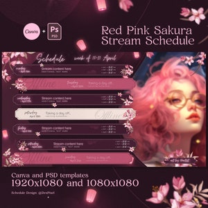 Peut inclure: Un modèle de planning de diffusion en rose et rouge avec un motif floral et une femme aux cheveux roses et aux lunettes. Le planning comprend les jours de la semaine, les dates et les heures de diffusion. Le texte "Red Pink Sakura Stream Schedule" est en haut de l'image.