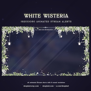 Alertas de transmisión animadas de glicina blanca en flor / Estética floral botánica / Alertas florales / Twitch / Magia de Vtuber / Alertas de pantalla completa