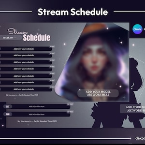 Stars Stream Schedule | Vtuber Schedule | Simple Weekly Schedule For Streamers | Cute Dark Color Tones | Canva Template + PSD included