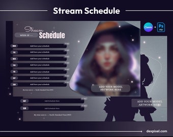 Plantilla de programación de transmisiones de Vtuber / Color oscuro, planificador semanal (Canva, PSD)