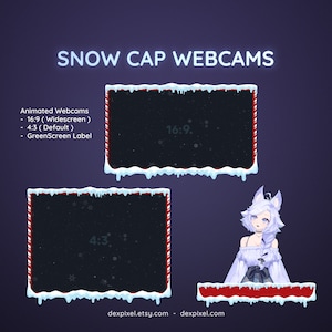 May include: Animated webcams with a snow cap design. The image shows two webcam frames with a red and white border, snow and icicles. The text reads "SNOW CAP WEBCAMS" and includes the aspect ratios 16:9 and 4:3.