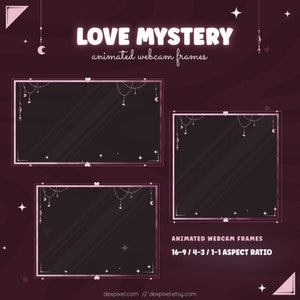 Puede incluir: Tres marcos de webcam animados con un diseño rosa y blanco. Los marcos están en las proporciones 16:9, 4:3 y 1:1. Los marcos presentan un diseño rosa y blanco con corazones, estrellas y lunas. El texto "LOVE MYSTERY" y "animated webcam frames" está en la parte superior de la imagen. El texto "ANIMATED WEBCAM FRAMES" y "16-9 / 4-3 / 1-1 ASPECT RATIO" está en la parte inferior de la imagen.