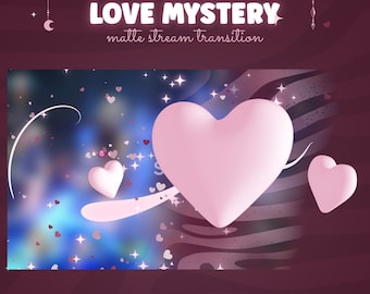 May include: A pink heart-shaped graphic with a blue and purple background. The text "LOVE MYSTERY matte stream transition" is at the top of the image. The text "Transition comes with default sound / low sound / no sound variation" is at the bottom of the image. The text "dexpixel.etsy.com - dexpixel.com" is at the bottom of the image.