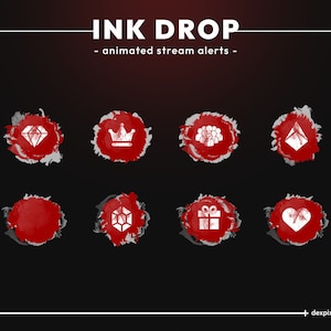 Red and White Ink Drop Animated Twitch Stream Alerts | Ink Drop Animated Alert | Twitch stylish alerts | 17 Alerts with Icons