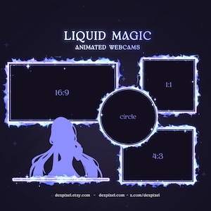 Puede incluir: Gráfico digital con el texto "LIQUID MAGIC ANIMATED WEBCAMS". El diseño presenta cuatro marcos de webcam animados en formatos 16:9, 1:1, 4:3 y círculo, delineados con un efecto de llama azul, y una silueta de persona.