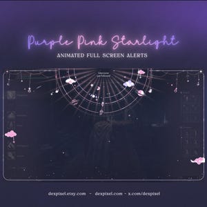 Puede incluir: Un gráfico digital con un fondo morado oscuro, con el texto "Purple Pink Starlight" y "ANIMATED FULL SCREEN ALERTS". El diseño incluye elementos celestiales como planetas, nubes y estrellas, con una dirección web en la parte inferior.