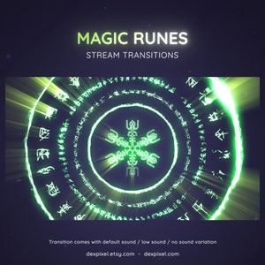 以下が含まれることがあります： 中央に雪の結晶がある緑色の光る魔法のルーンの円。円の上に「MAGIC RUNES」と「STREAM TRANSITIONS」の文字。円の下に「Transition comes with default sound / low sound / no sound variation」の文字。