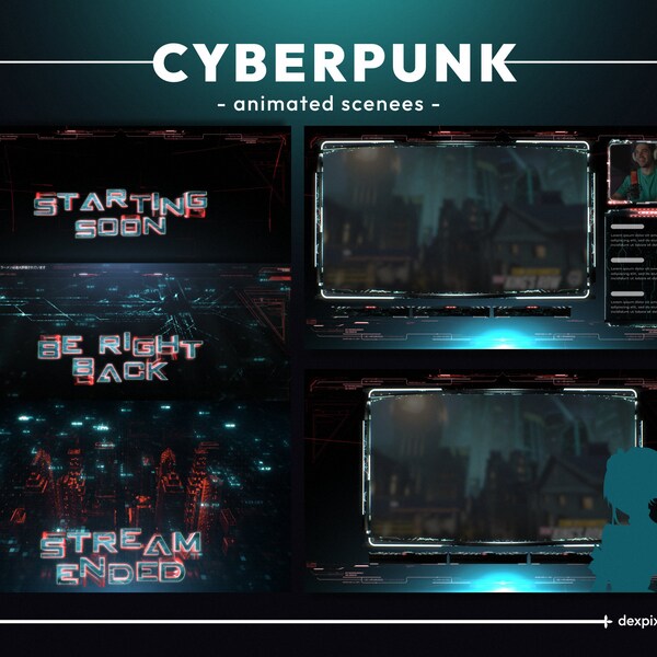 Cyberpunk Cyan Blue Animated Stream Scenes | Glitch Futuristic Neon Animated Overlays | Glitch Sci Fi Twitch Neon Scenes Overlay